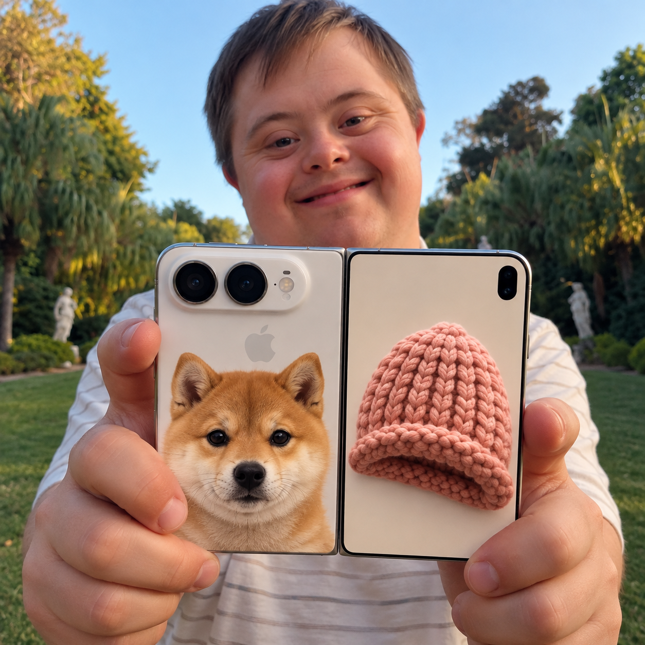 duowifhat mascot holding a foldable phone showing a dog and a knitted hat